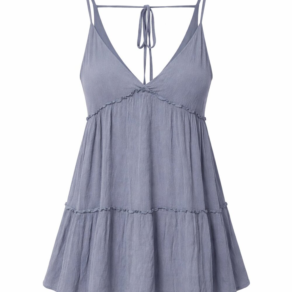 Wishlist Apparel Gray Tiered Babydoll Tank Dress Boho Flowy V Neck Tie Back